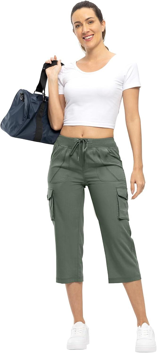 imageTBMPOY Womens Cargo Capris Lightweight Hiking Pants 6 Pockets Quick Dry Casual Outdoor Trip Loose Shorts Cropped CottonArmy Green