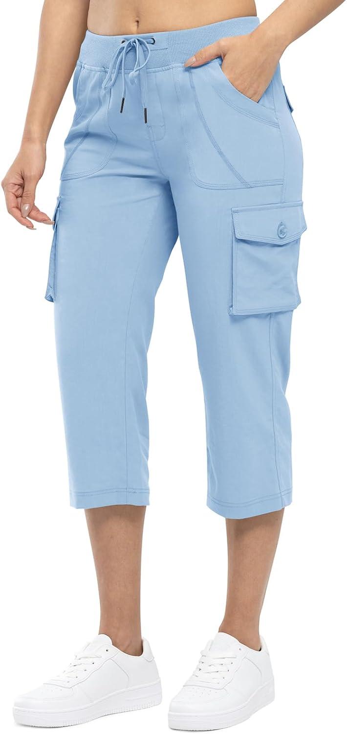 imageTBMPOY Womens Cargo Capris Lightweight Hiking Pants 6 Pockets Quick Dry Casual Outdoor Trip Loose Shorts Cropped CottonBaby Blue