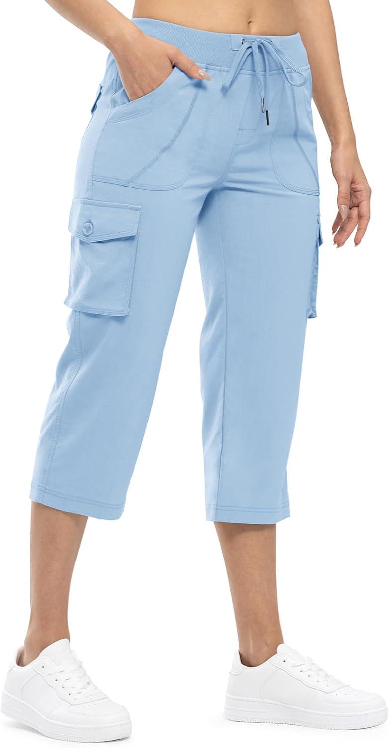 imageTBMPOY Womens Cargo Capris Lightweight Hiking Pants 6 Pockets Quick Dry Casual Outdoor Trip Loose Shorts Cropped CottonBaby Blue