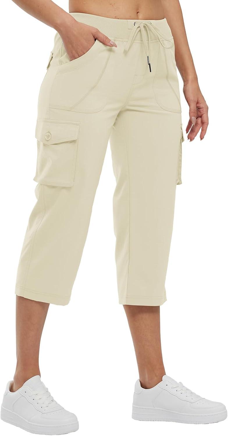 imageTBMPOY Womens Cargo Capris Lightweight Hiking Pants 6 Pockets Quick Dry Casual Outdoor Trip Loose Shorts Cropped CottonBeige