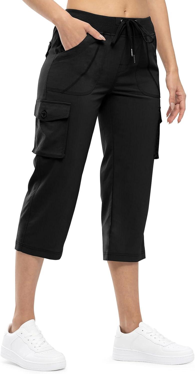 imageTBMPOY Womens Cargo Capris Lightweight Hiking Pants 6 Pockets Quick Dry Casual Outdoor Trip Loose Shorts Cropped CottonBlack