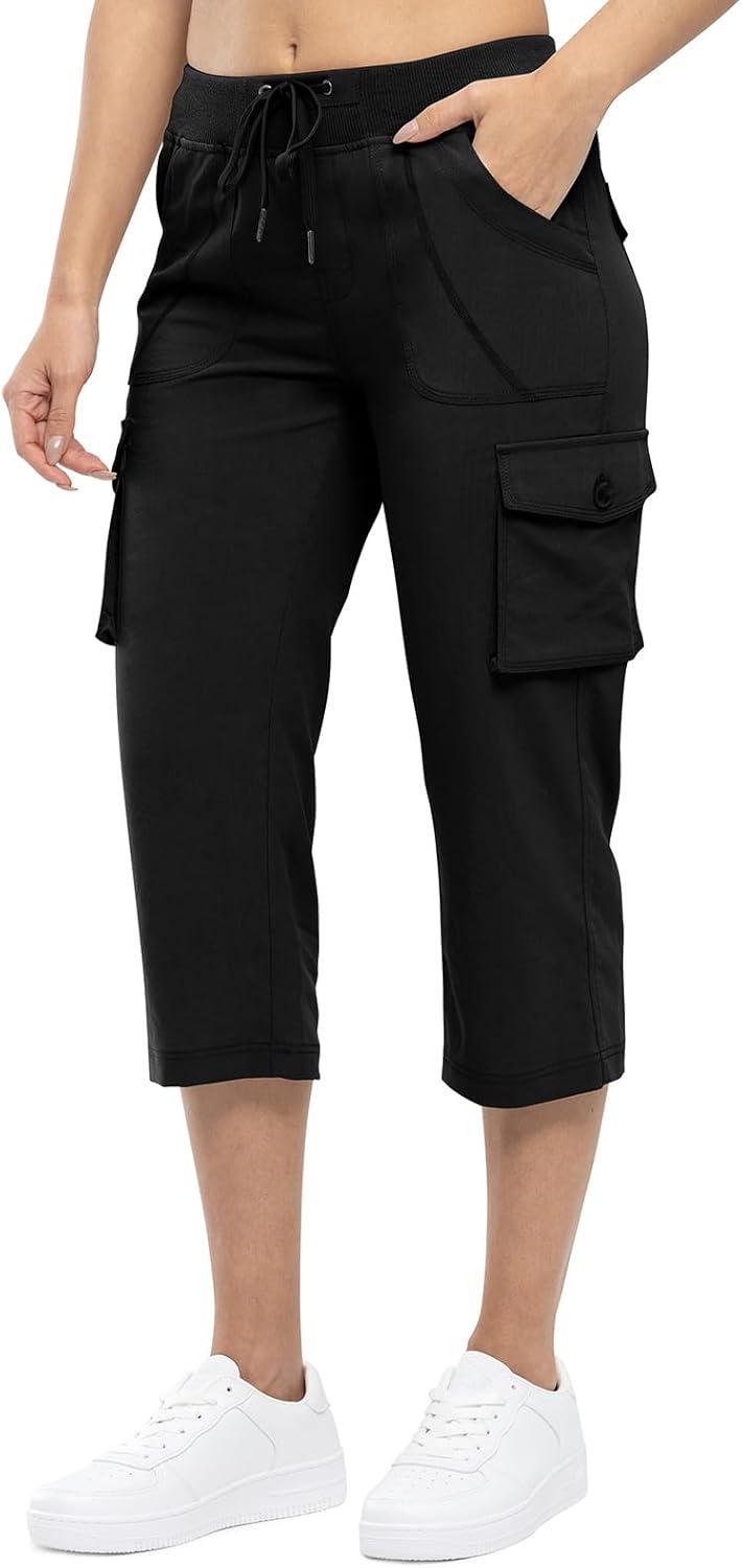 imageTBMPOY Womens Cargo Capris Lightweight Hiking Pants 6 Pockets Quick Dry Casual Outdoor Trip Loose Shorts Cropped CottonBlack