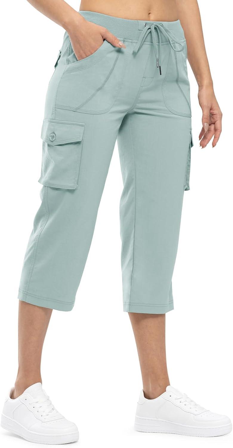 imageTBMPOY Womens Cargo Capris Lightweight Hiking Pants 6 Pockets Quick Dry Casual Outdoor Trip Loose Shorts Cropped CottonBlue