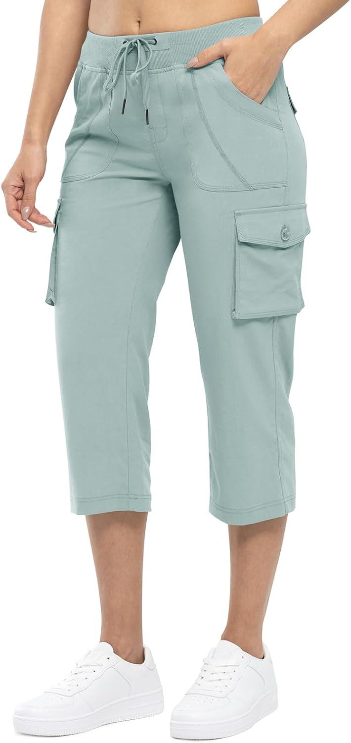 imageTBMPOY Womens Cargo Capris Lightweight Hiking Pants 6 Pockets Quick Dry Casual Outdoor Trip Loose Shorts Cropped CottonBlue