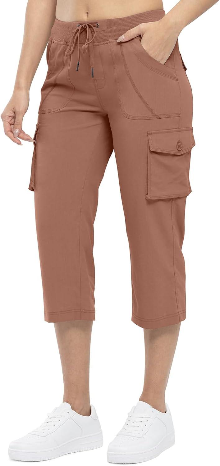 imageTBMPOY Womens Cargo Capris Lightweight Hiking Pants 6 Pockets Quick Dry Casual Outdoor Trip Loose Shorts Cropped CottonGrayish Purplered
