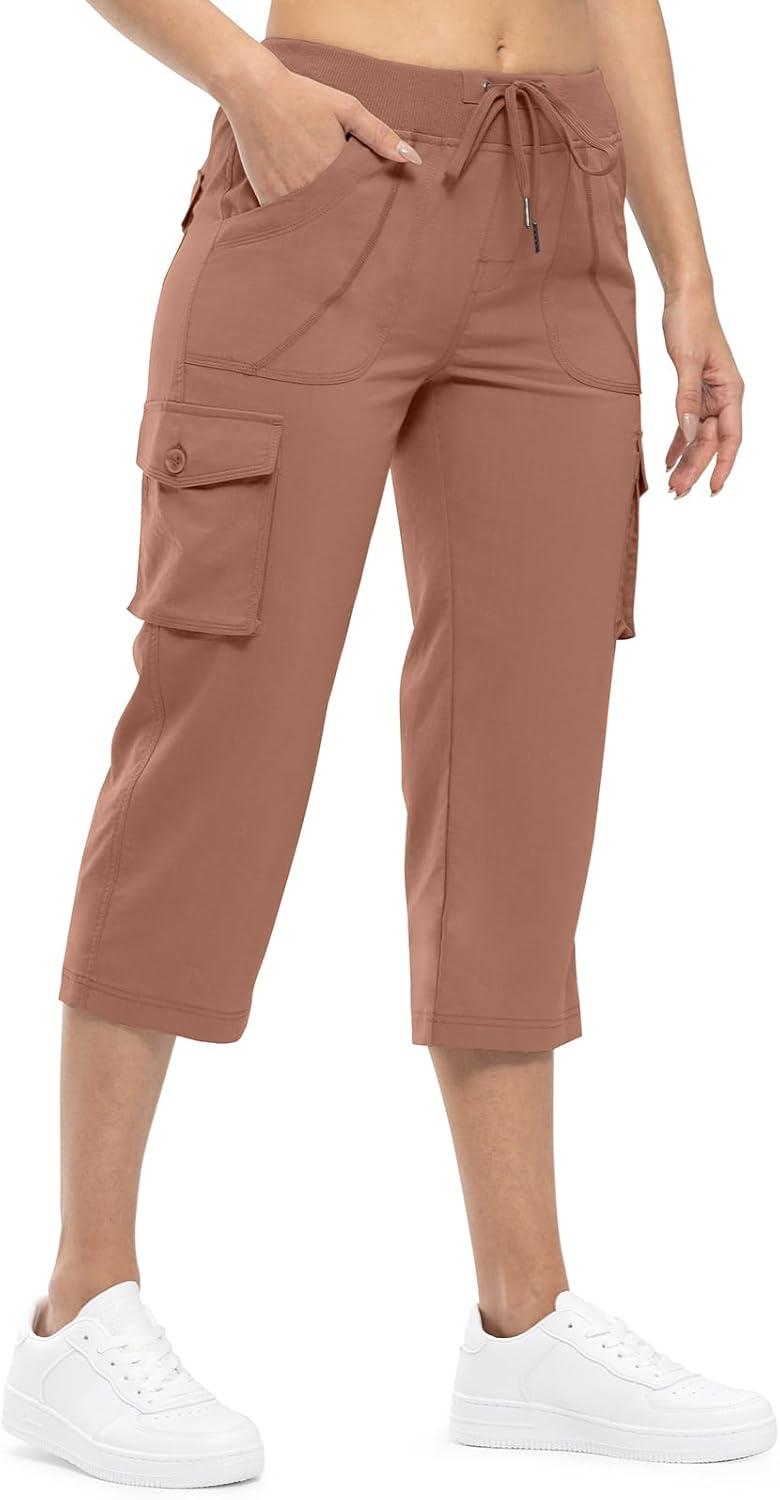 imageTBMPOY Womens Cargo Capris Lightweight Hiking Pants 6 Pockets Quick Dry Casual Outdoor Trip Loose Shorts Cropped CottonGrayish Purplered