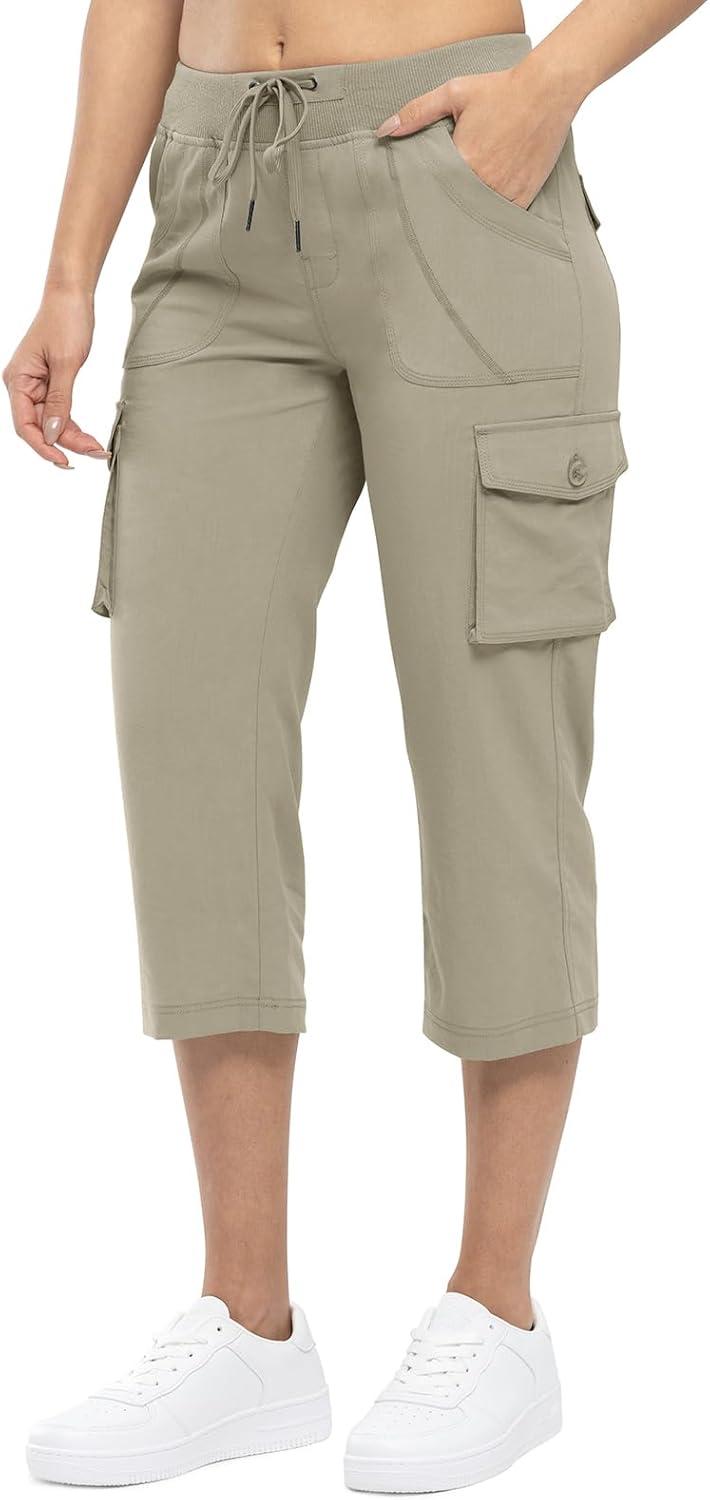 imageTBMPOY Womens Cargo Capris Lightweight Hiking Pants 6 Pockets Quick Dry Casual Outdoor Trip Loose Shorts Cropped CottonGrey Khaki