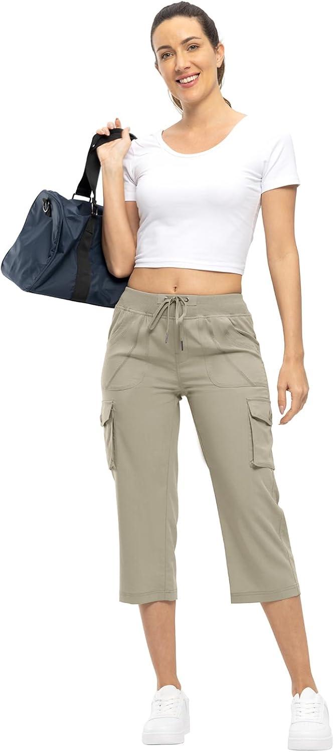 imageTBMPOY Womens Cargo Capris Lightweight Hiking Pants 6 Pockets Quick Dry Casual Outdoor Trip Loose Shorts Cropped CottonGrey Khaki