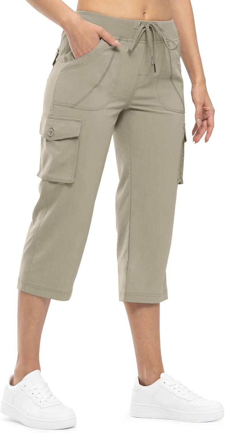 imageTBMPOY Womens Cargo Capris Lightweight Hiking Pants 6 Pockets Quick Dry Casual Outdoor Trip Loose Shorts Cropped CottonGrey Khaki