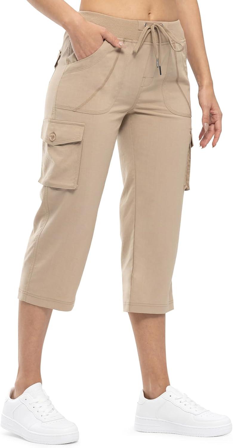 imageTBMPOY Womens Cargo Capris Lightweight Hiking Pants 6 Pockets Quick Dry Casual Outdoor Trip Loose Shorts Cropped CottonKhaki