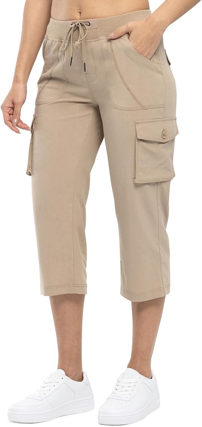 imageTBMPOY Womens Cargo Capris Lightweight Hiking Pants 6 Pockets Quick Dry Casual Outdoor Trip Loose Shorts Cropped CottonKhaki