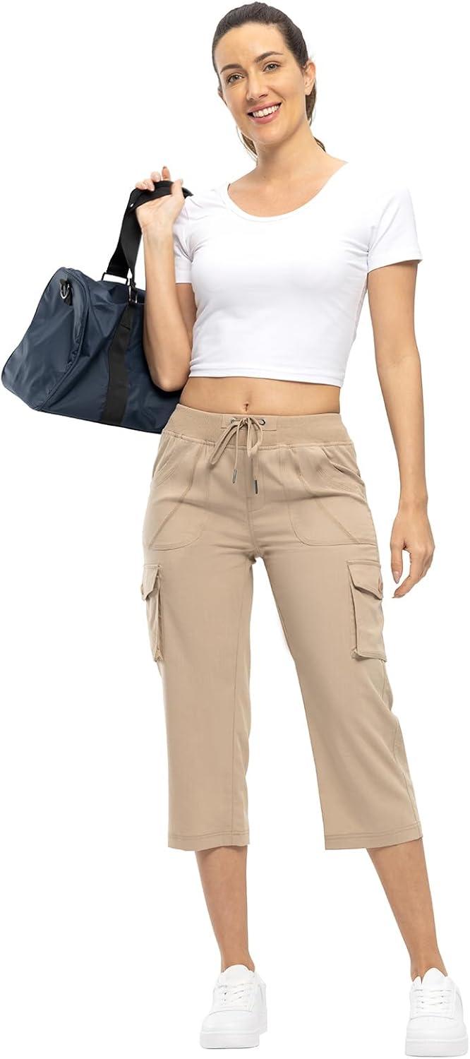 imageTBMPOY Womens Cargo Capris Lightweight Hiking Pants 6 Pockets Quick Dry Casual Outdoor Trip Loose Shorts Cropped CottonKhaki