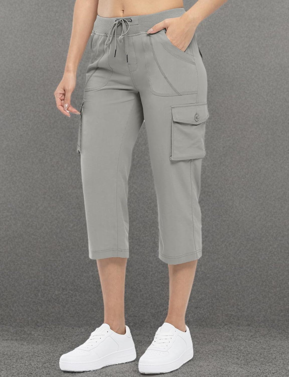 imageTBMPOY Womens Cargo Capris Lightweight Hiking Pants 6 Pockets Quick Dry Casual Outdoor Trip Loose Shorts Cropped CottonMedium Grey