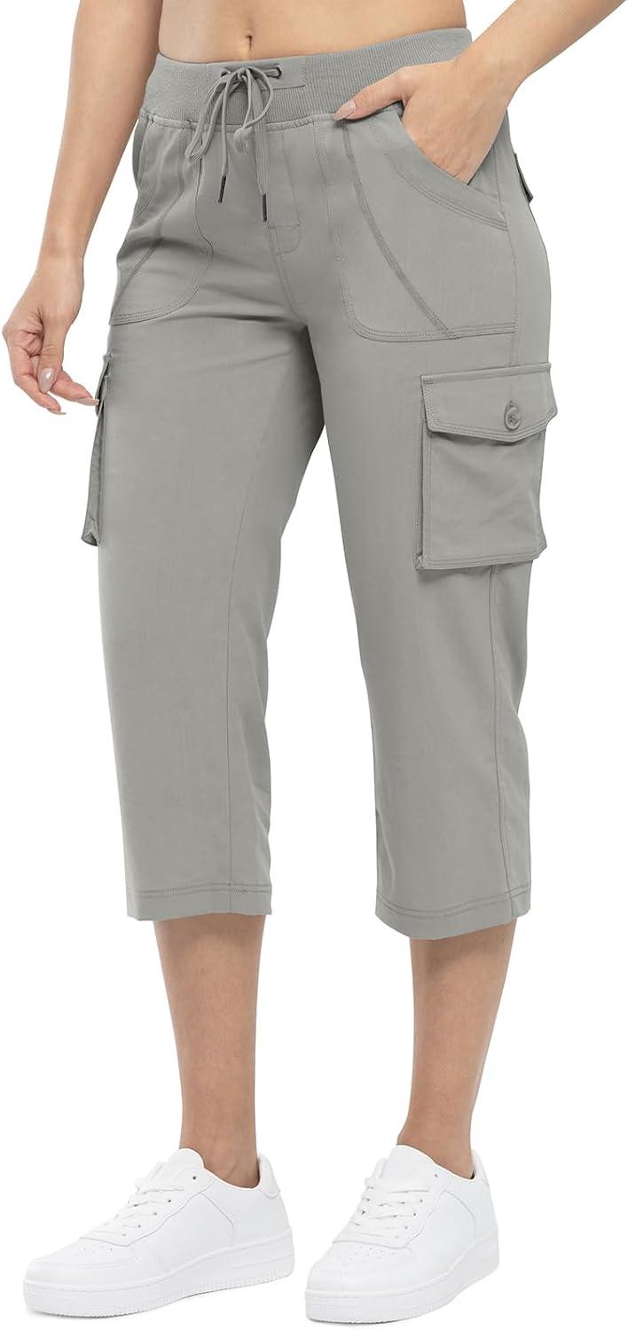 imageTBMPOY Womens Cargo Capris Lightweight Hiking Pants 6 Pockets Quick Dry Casual Outdoor Trip Loose Shorts Cropped CottonMedium Grey
