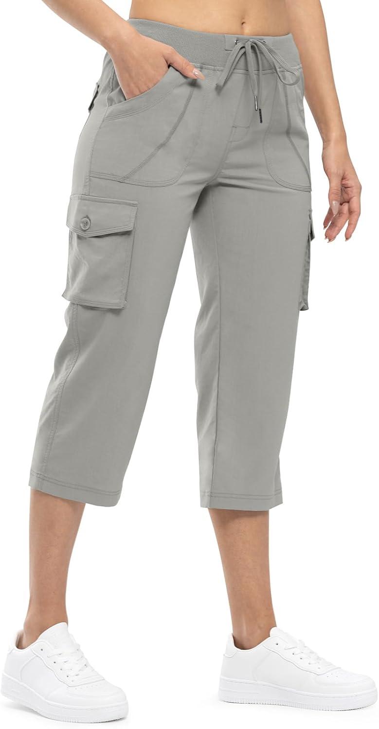 imageTBMPOY Womens Cargo Capris Lightweight Hiking Pants 6 Pockets Quick Dry Casual Outdoor Trip Loose Shorts Cropped CottonMedium Grey
