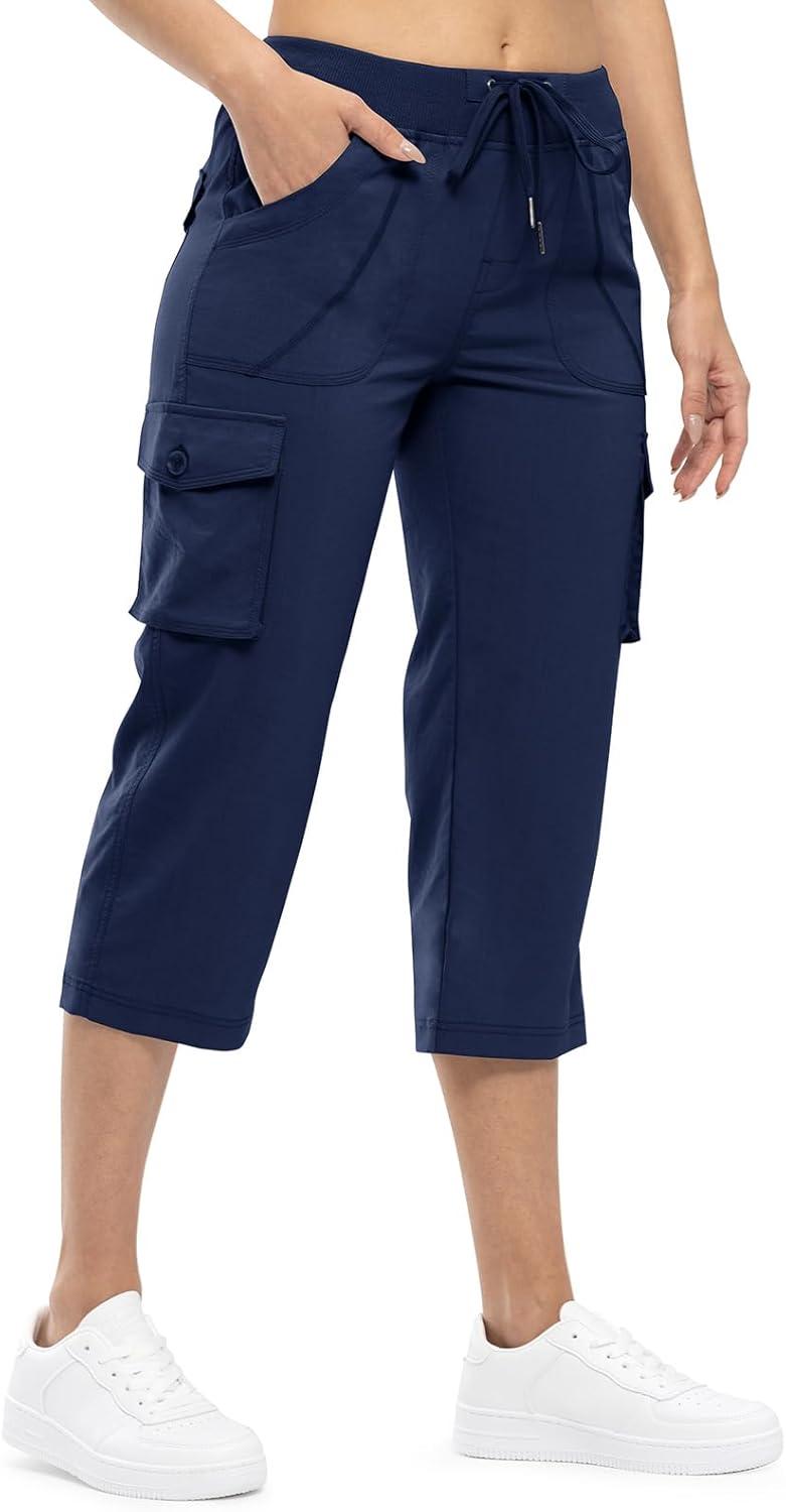imageTBMPOY Womens Cargo Capris Lightweight Hiking Pants 6 Pockets Quick Dry Casual Outdoor Trip Loose Shorts Cropped CottonNavy