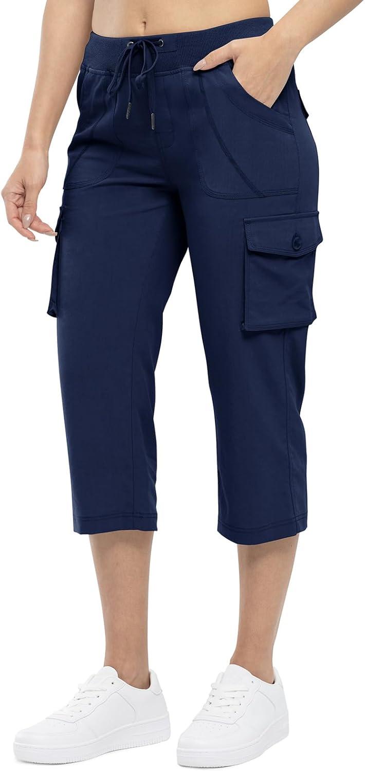 imageTBMPOY Womens Cargo Capris Lightweight Hiking Pants 6 Pockets Quick Dry Casual Outdoor Trip Loose Shorts Cropped CottonNavy