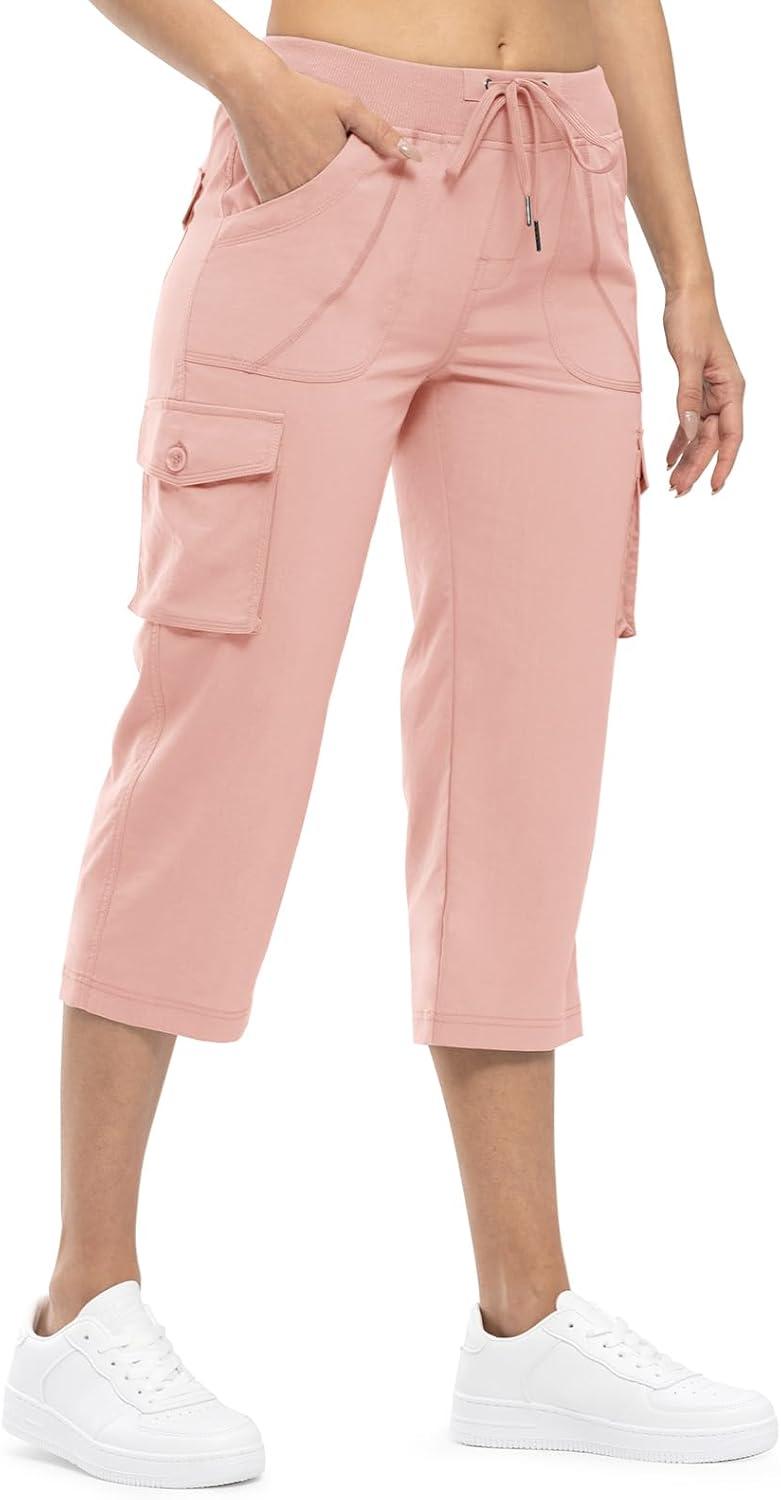 imageTBMPOY Womens Cargo Capris Lightweight Hiking Pants 6 Pockets Quick Dry Casual Outdoor Trip Loose Shorts Cropped CottonPink