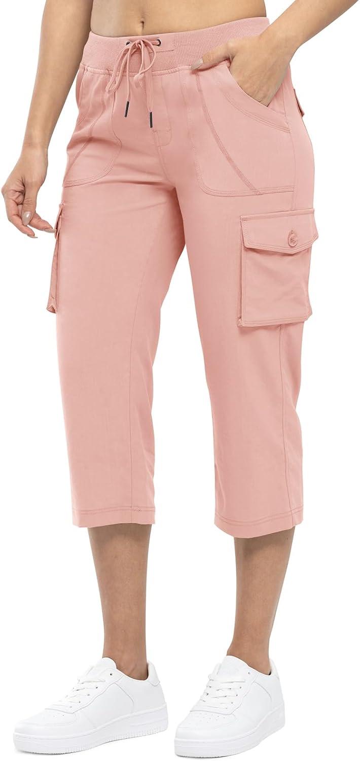 imageTBMPOY Womens Cargo Capris Lightweight Hiking Pants 6 Pockets Quick Dry Casual Outdoor Trip Loose Shorts Cropped CottonPink