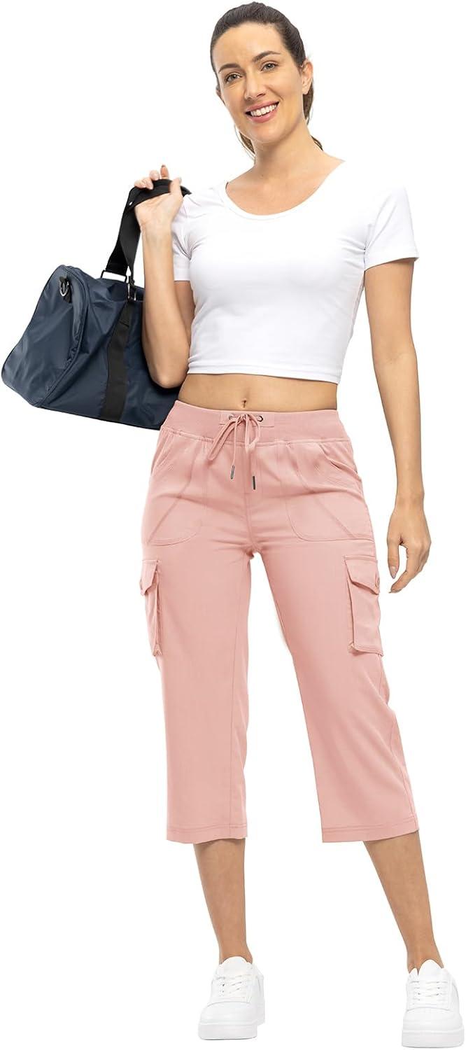 imageTBMPOY Womens Cargo Capris Lightweight Hiking Pants 6 Pockets Quick Dry Casual Outdoor Trip Loose Shorts Cropped CottonPink
