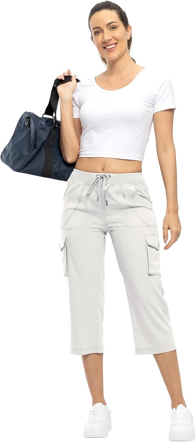 imageTBMPOY Womens Cargo Capris Lightweight Hiking Pants 6 Pockets Quick Dry Casual Outdoor Trip Loose Shorts Cropped CottonWhite