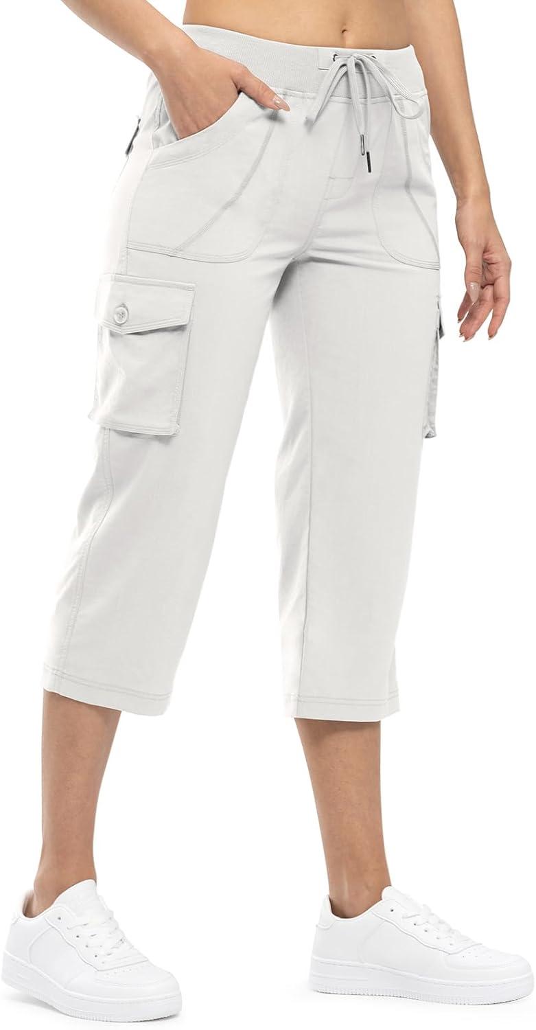 imageTBMPOY Womens Cargo Capris Lightweight Hiking Pants 6 Pockets Quick Dry Casual Outdoor Trip Loose Shorts Cropped CottonWhite