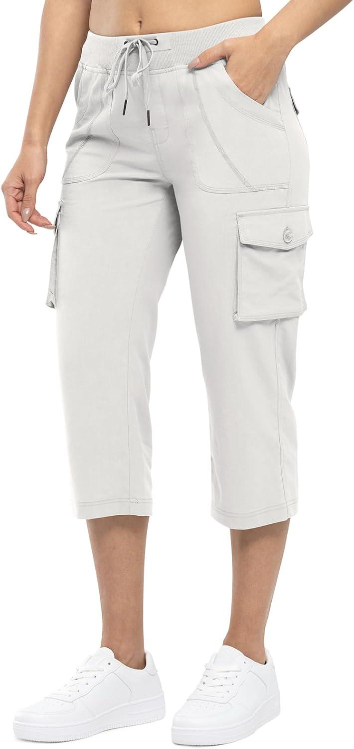 imageTBMPOY Womens Cargo Capris Lightweight Hiking Pants 6 Pockets Quick Dry Casual Outdoor Trip Loose Shorts Cropped CottonWhite