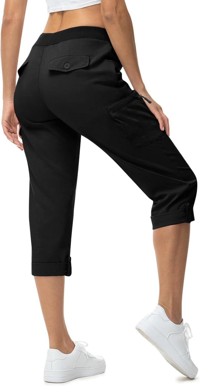imageTBMPOY Womens Cargo Capris with Pockets Lightweight Hiking Capris Pants Quick Dry Casual Cropped Pants Summer Trip CottonStyle 2black