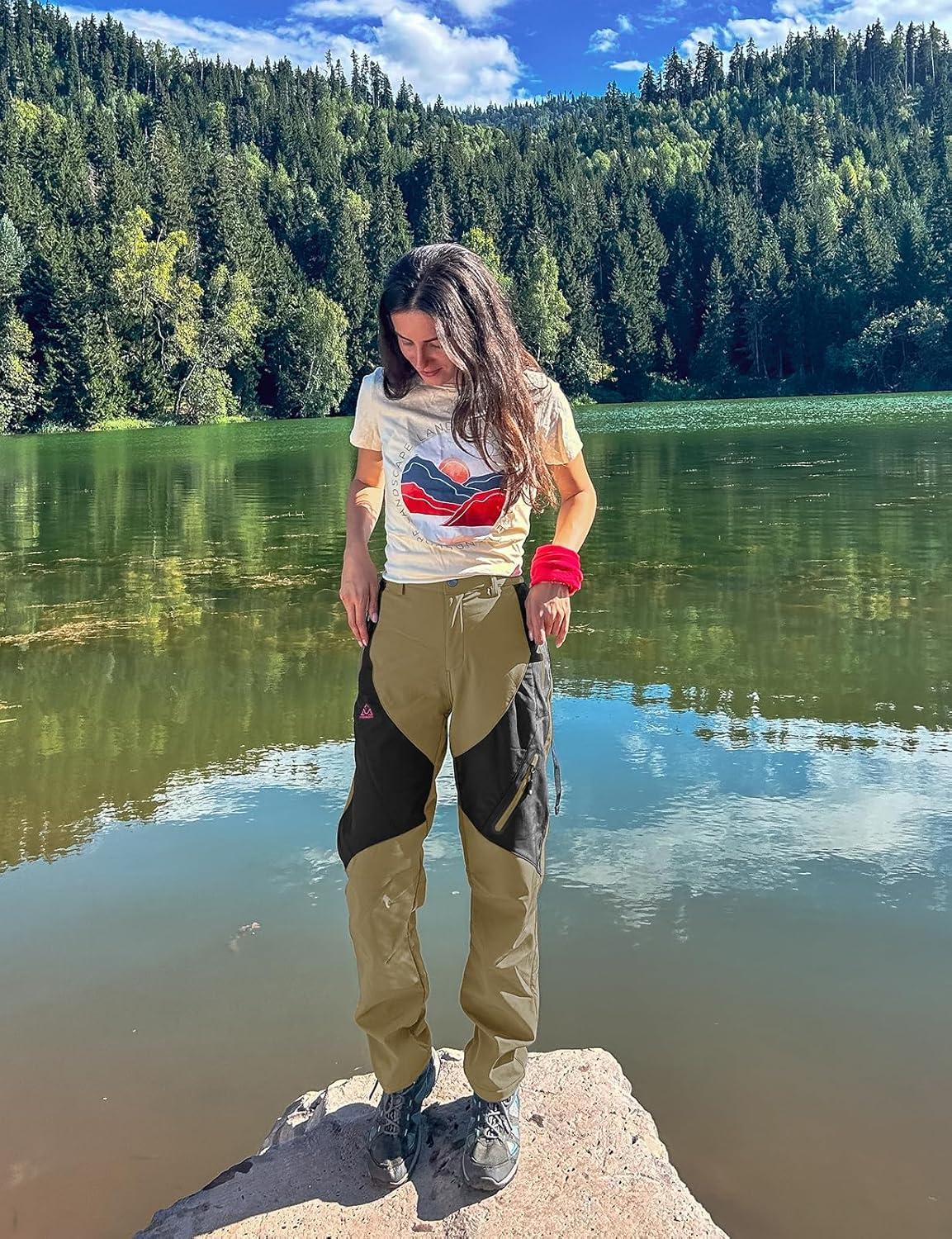 imageTBMPOY Womens Hiking Cargo Pants Outdoor Waterproof Windproof Softshell Fleece Snow Pants7khaki