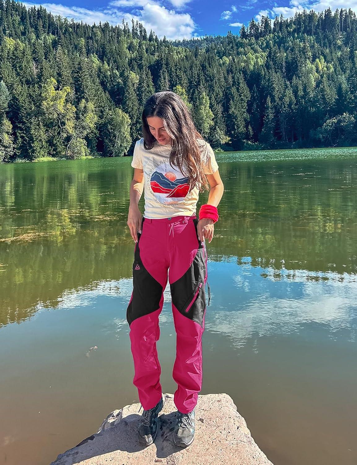 imageTBMPOY Womens Hiking Cargo Pants Outdoor Waterproof Windproof Softshell Fleece Snow Pants8rose