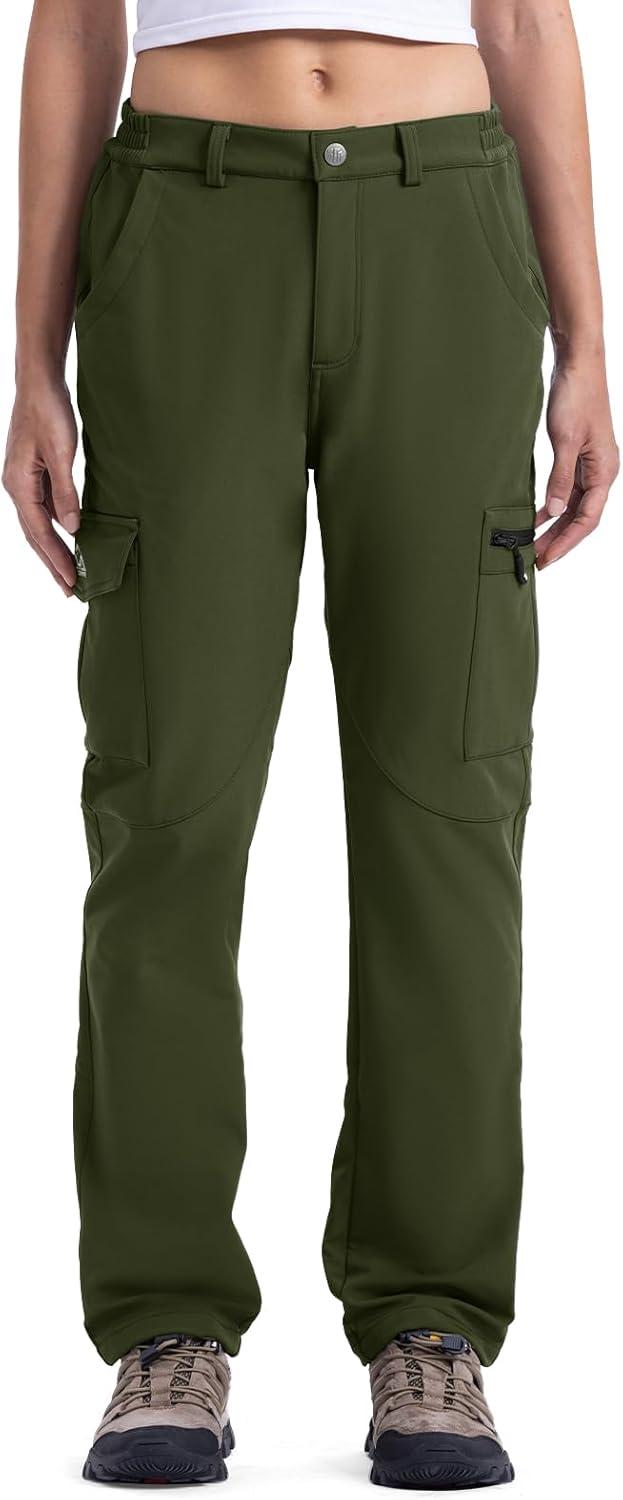 imageTBMPOY Womens Hiking Cargo Pants Outdoor Waterproof Windproof Softshell Fleece Snow PantsArmy Green