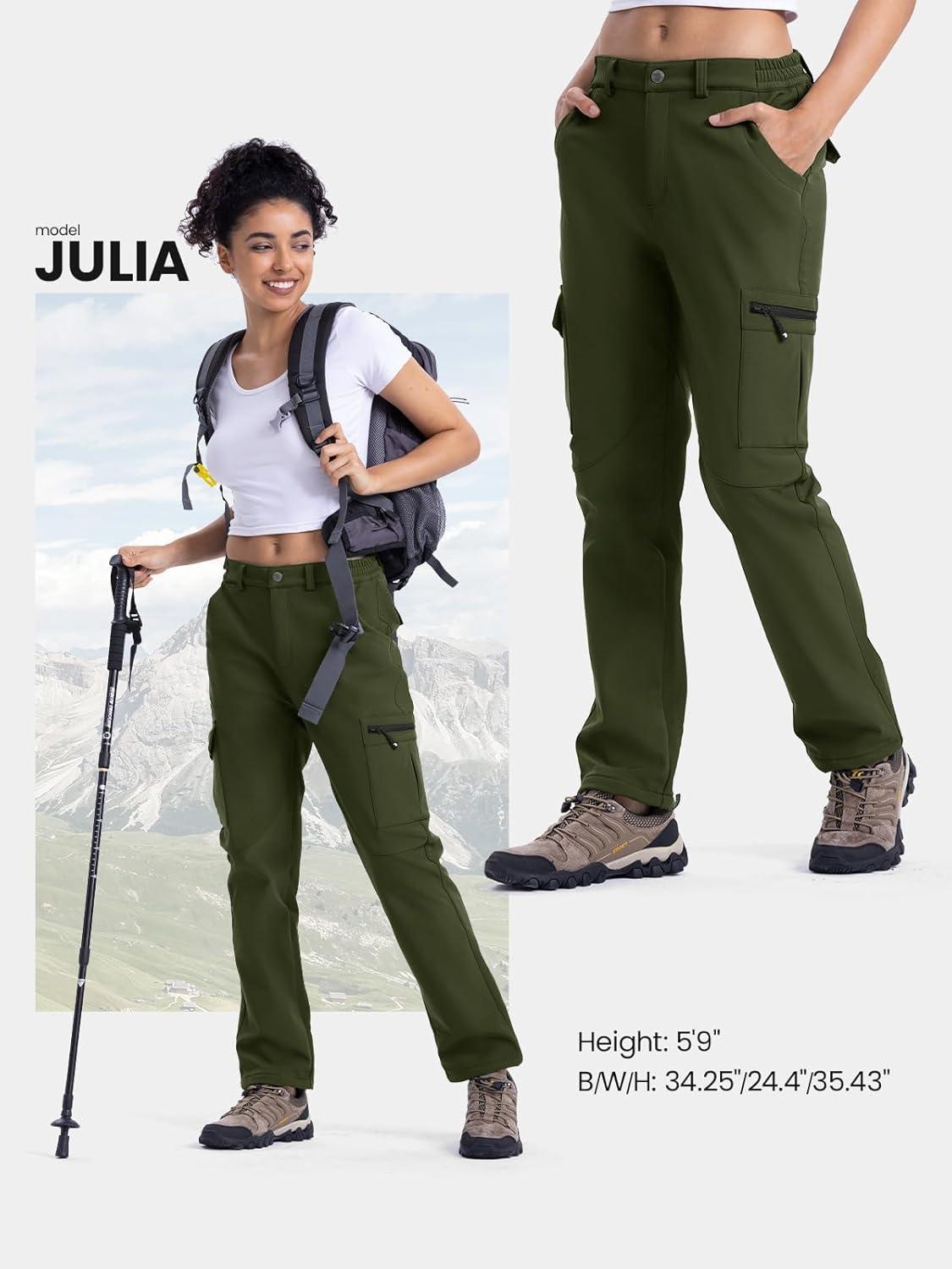 imageTBMPOY Womens Hiking Cargo Pants Outdoor Waterproof Windproof Softshell Fleece Snow PantsArmy Green