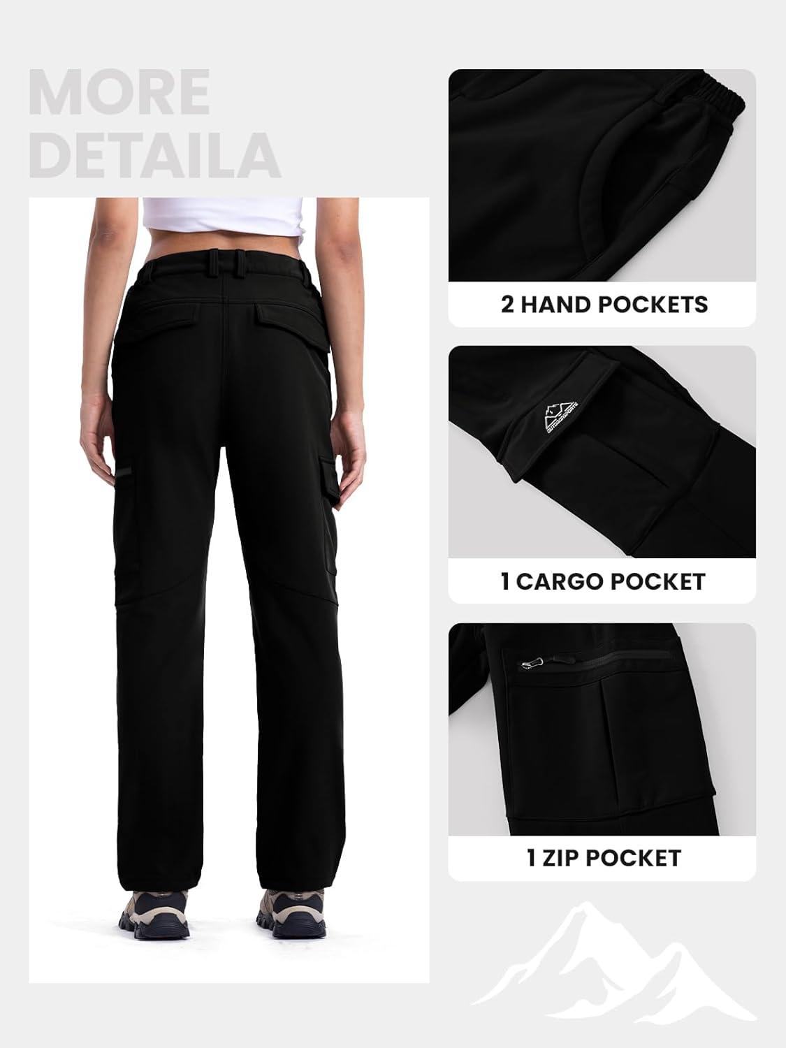 imageTBMPOY Womens Hiking Cargo Pants Outdoor Waterproof Windproof Softshell Fleece Snow PantsBlack