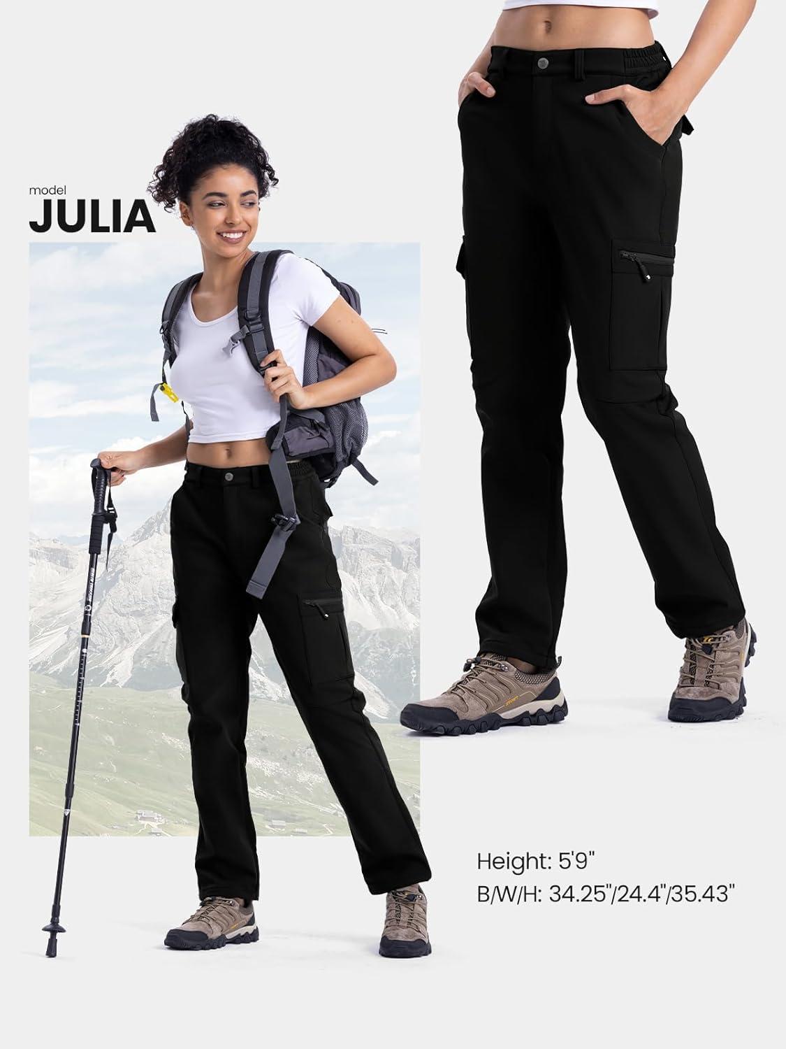 imageTBMPOY Womens Hiking Cargo Pants Outdoor Waterproof Windproof Softshell Fleece Snow PantsBlack
