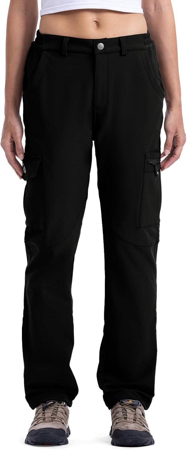 imageTBMPOY Womens Hiking Cargo Pants Outdoor Waterproof Windproof Softshell Fleece Snow PantsBlack