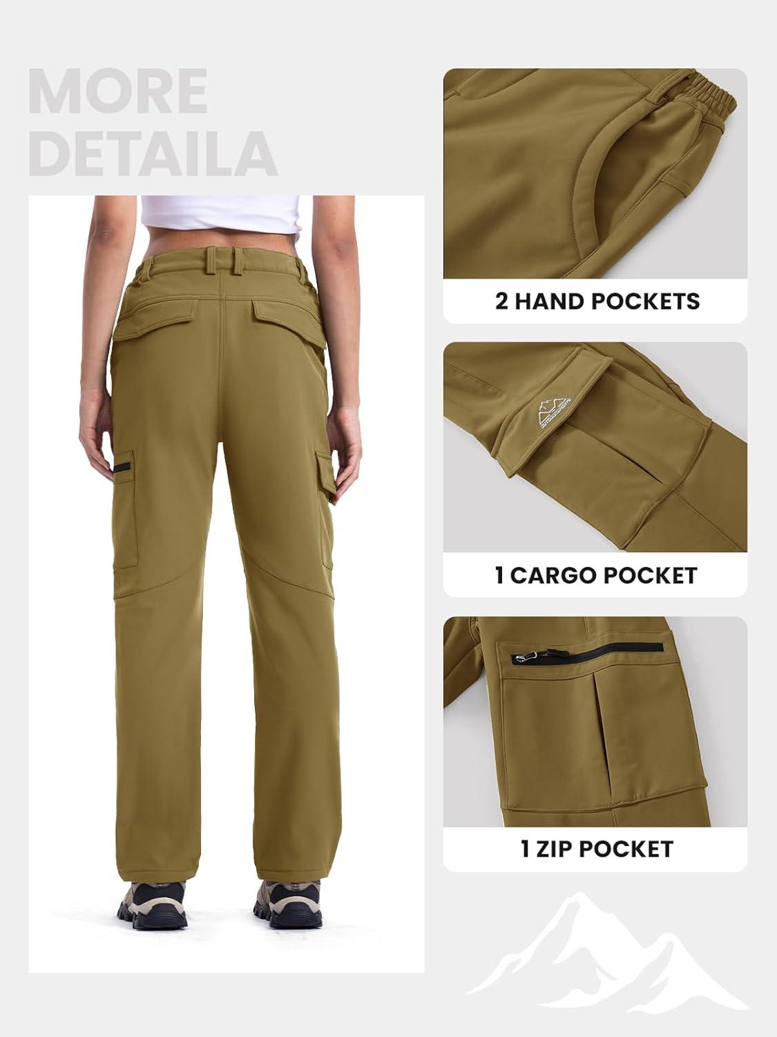 imageTBMPOY Womens Hiking Cargo Pants Outdoor Waterproof Windproof Softshell Fleece Snow PantsKhaki