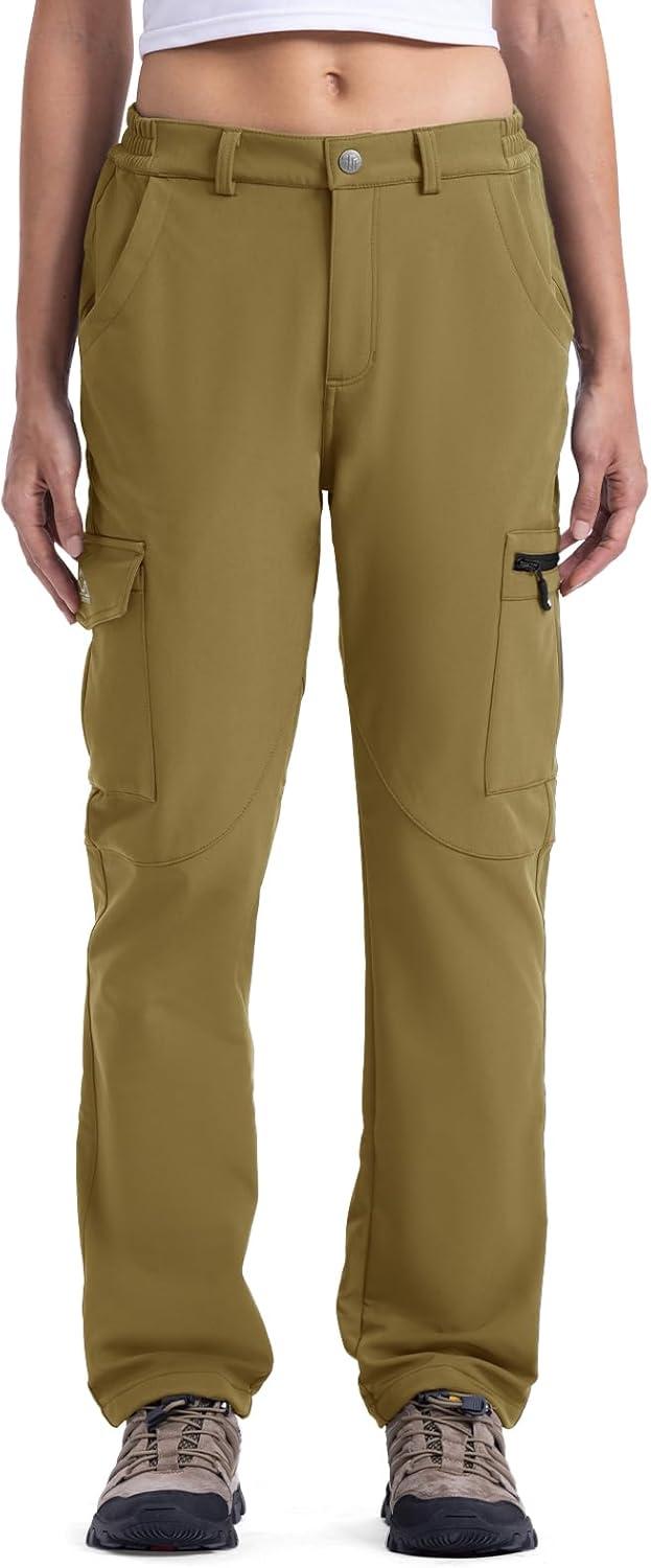 imageTBMPOY Womens Hiking Cargo Pants Outdoor Waterproof Windproof Softshell Fleece Snow PantsKhaki