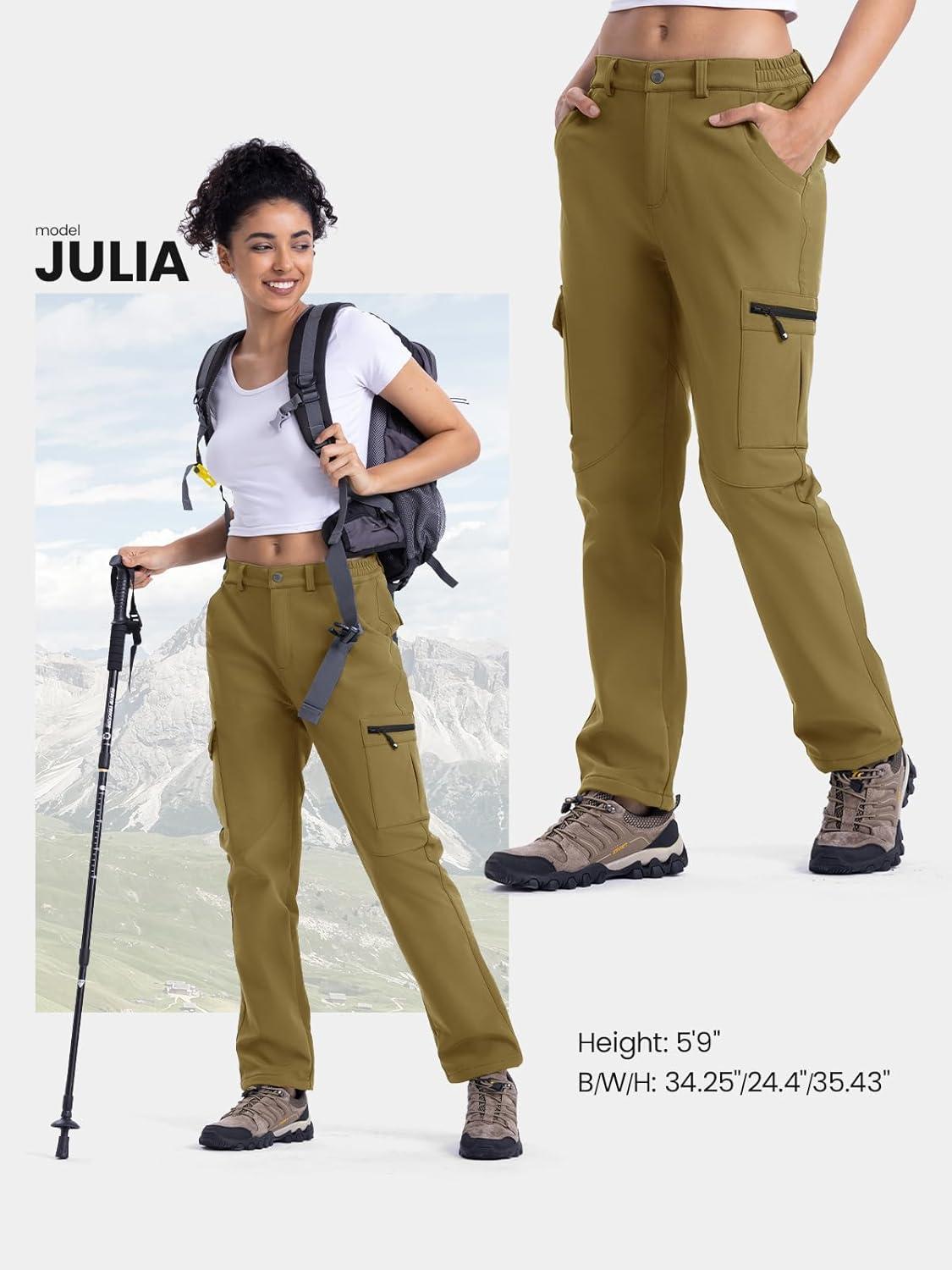 imageTBMPOY Womens Hiking Cargo Pants Outdoor Waterproof Windproof Softshell Fleece Snow PantsKhaki