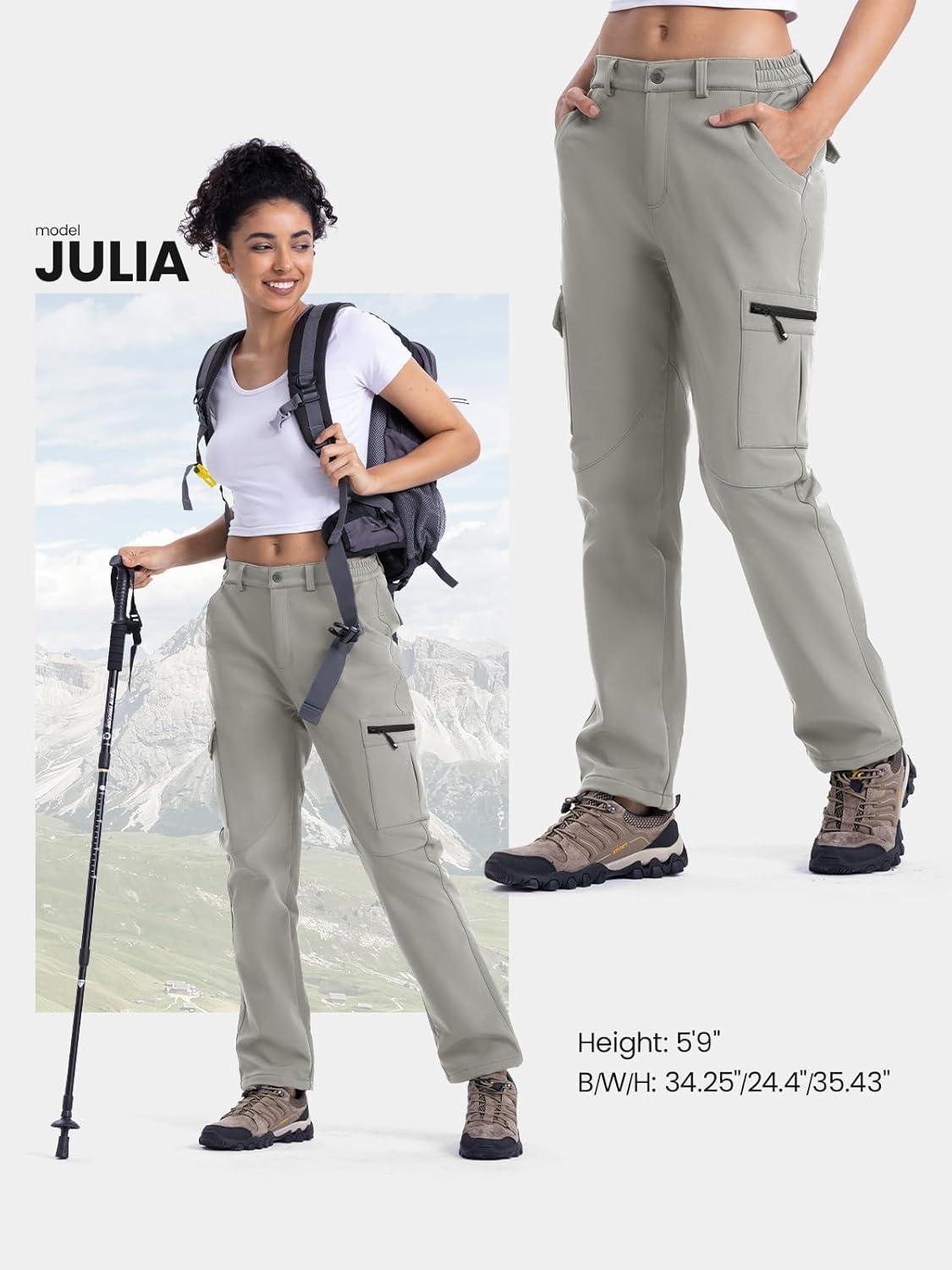 imageTBMPOY Womens Hiking Cargo Pants Outdoor Waterproof Windproof Softshell Fleece Snow PantsLight Grey