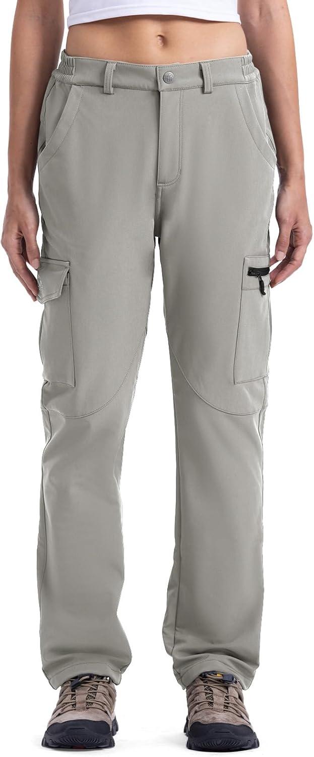 imageTBMPOY Womens Hiking Cargo Pants Outdoor Waterproof Windproof Softshell Fleece Snow PantsLight Grey