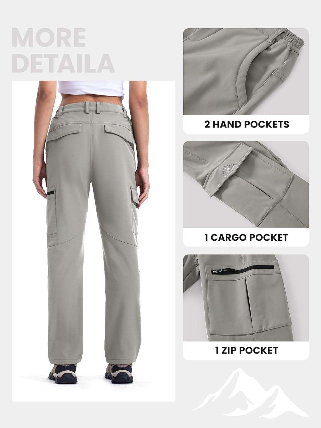 imageTBMPOY Womens Hiking Cargo Pants Outdoor Waterproof Windproof Softshell Fleece Snow PantsLight Grey