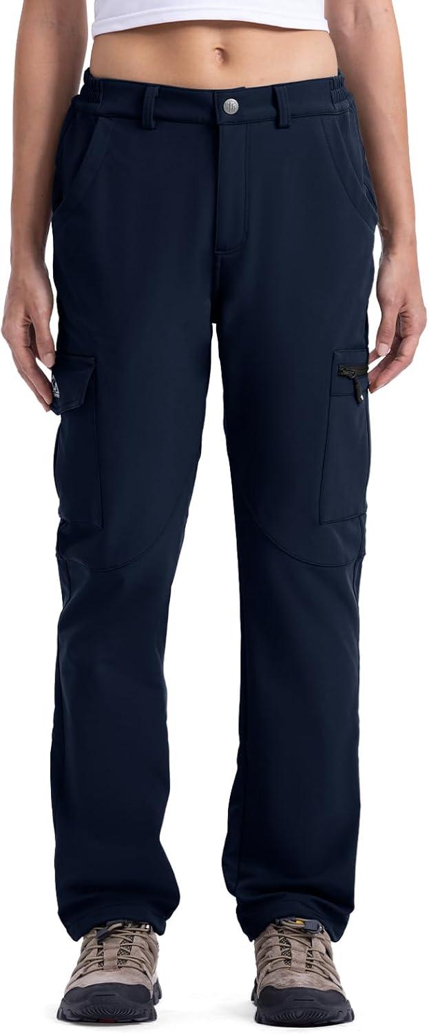 imageTBMPOY Womens Hiking Cargo Pants Outdoor Waterproof Windproof Softshell Fleece Snow PantsNavy