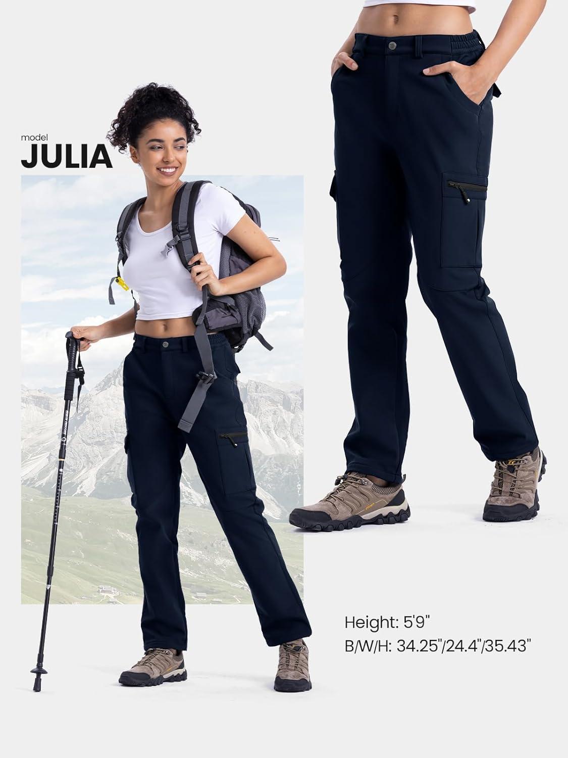 imageTBMPOY Womens Hiking Cargo Pants Outdoor Waterproof Windproof Softshell Fleece Snow PantsNavy