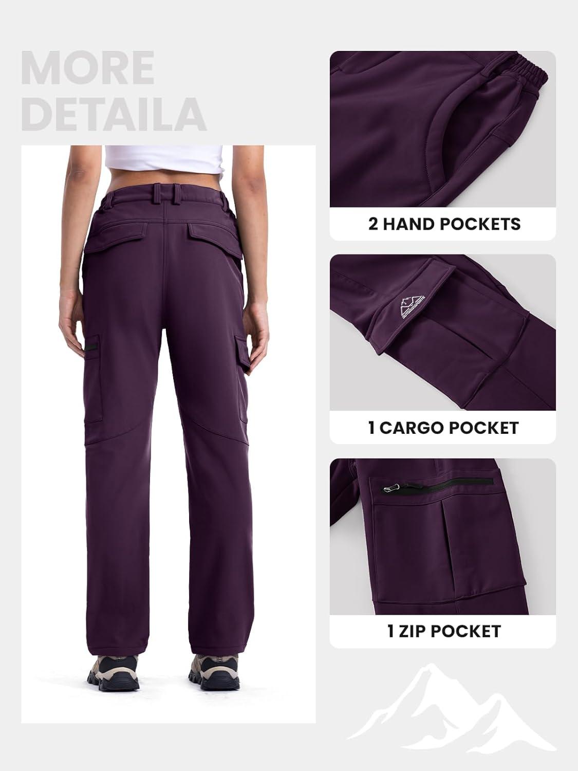imageTBMPOY Womens Hiking Cargo Pants Outdoor Waterproof Windproof Softshell Fleece Snow PantsPurple