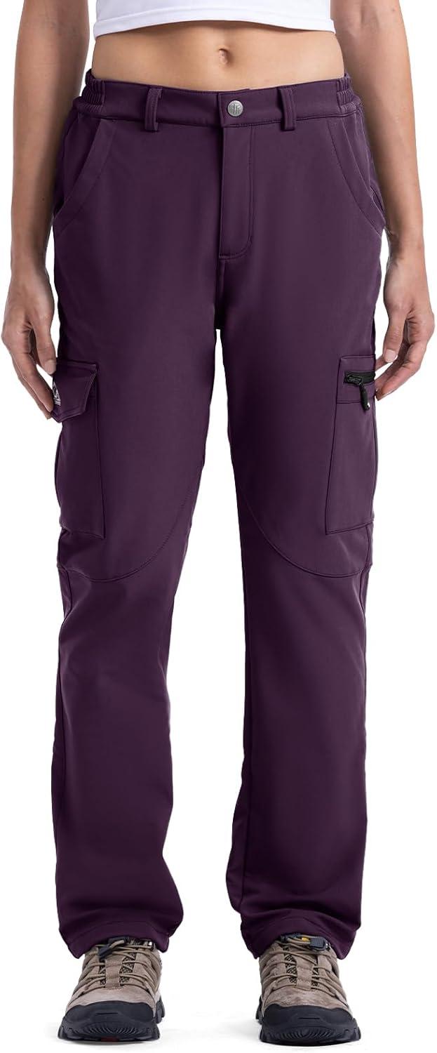 imageTBMPOY Womens Hiking Cargo Pants Outdoor Waterproof Windproof Softshell Fleece Snow PantsPurple