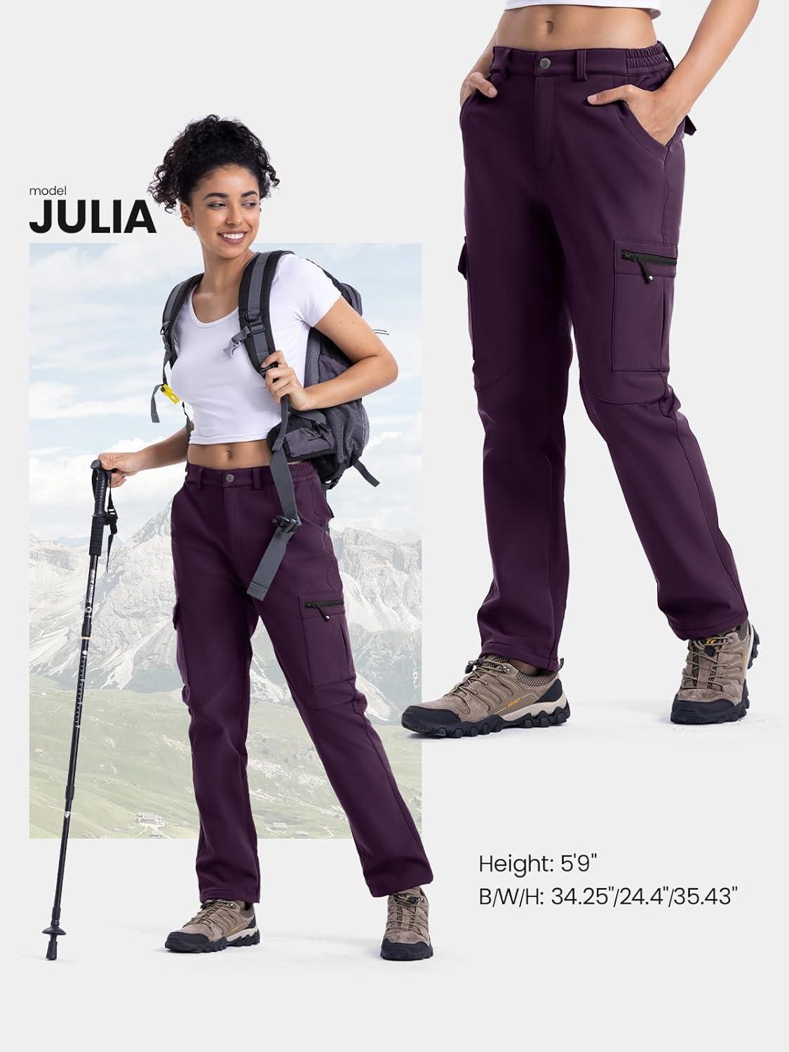 imageTBMPOY Womens Hiking Cargo Pants Outdoor Waterproof Windproof Softshell Fleece Snow PantsPurple