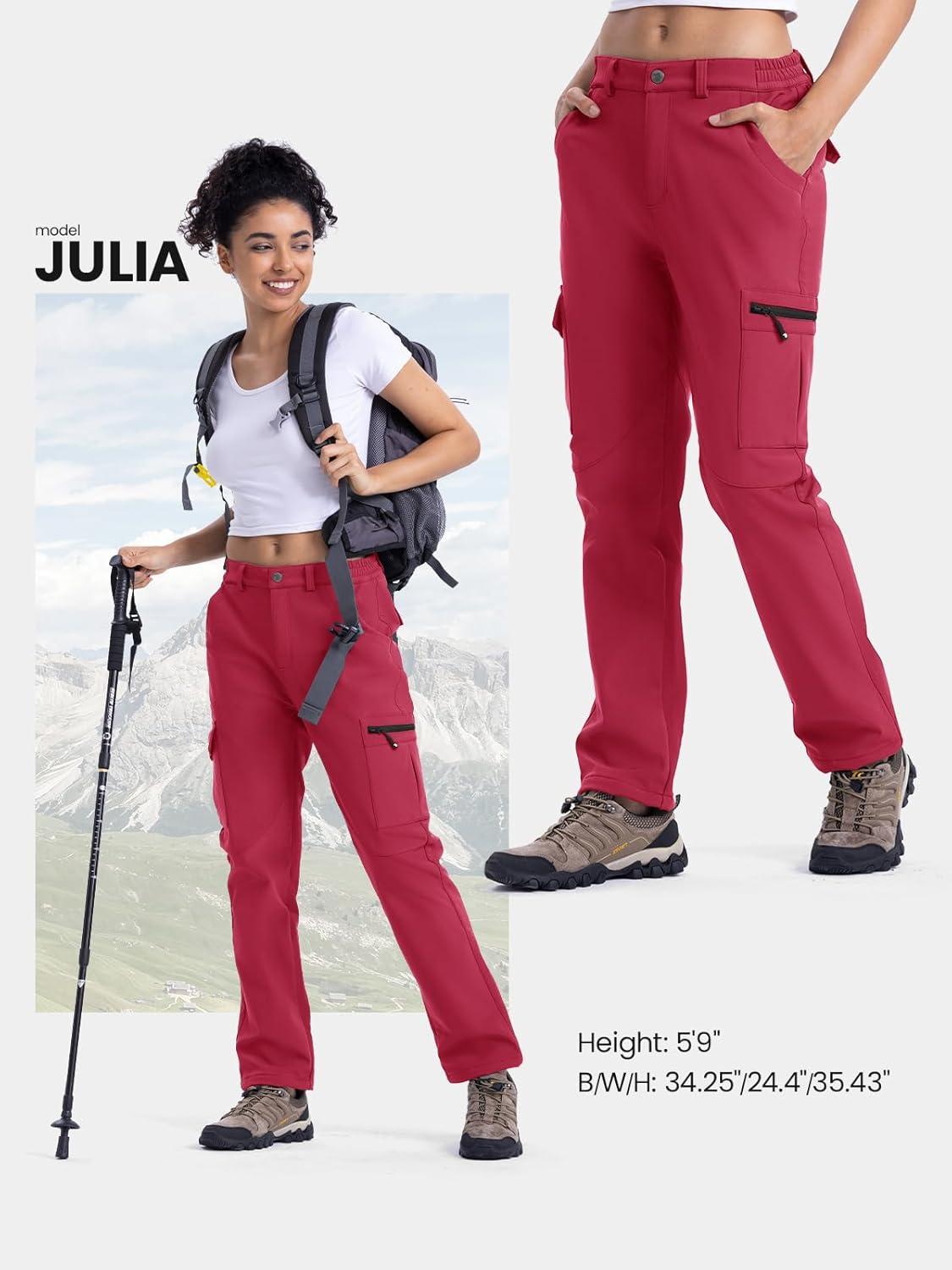 imageTBMPOY Womens Hiking Cargo Pants Outdoor Waterproof Windproof Softshell Fleece Snow PantsRose