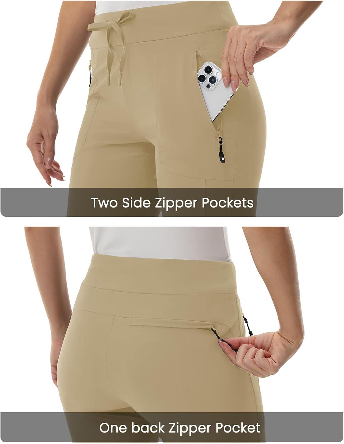 imageTBMPOY Womens Hiking Pants Lightweight Water Resistant Travel Joggers Quick Dry Outdoor Athletic Pants Zipper PocketsLight Khaki