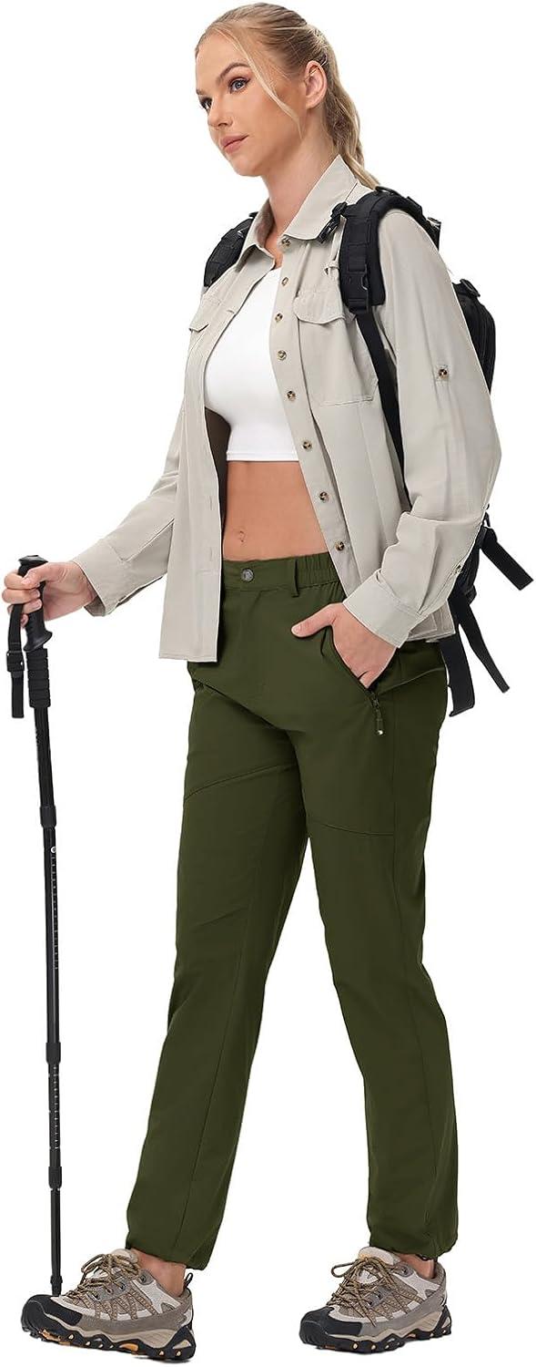 imageTBMPOY Womens Lightweight Hiking Pants Water Resistant Quick Dry Travel Work Outdoor Fishing Pants Zipper PocketsArmy Green