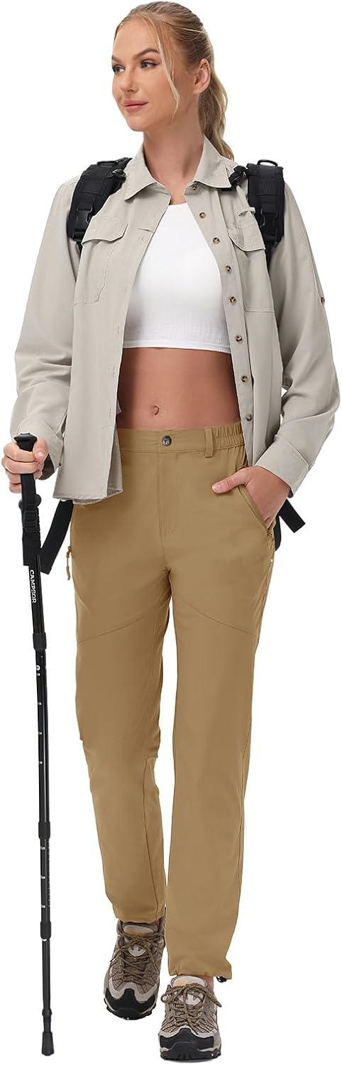 imageTBMPOY Womens Lightweight Hiking Pants Water Resistant Quick Dry Travel Work Outdoor Fishing Pants Zipper PocketsKhaki